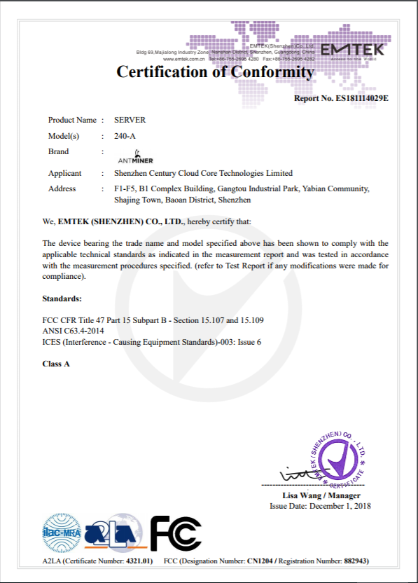 Certificate of Conformity for T15 – BITMAIN Support